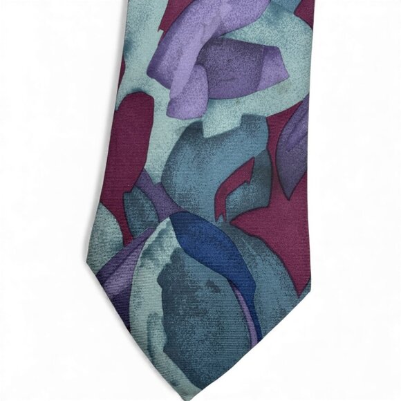 Bill Blass Silk Tie Abstract Modern Art Burgundy Red Blue Purple - Picture 3 of 6